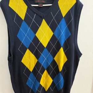 LINEA UOMO Mens Argyle V Neck Sweater Vest Navy Blue Yellow Blue 2XL